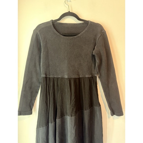 Vintage Black Multi Paneled Midi Dress Long Sleeve Scoop Neck Textured Size Larg - Picture 2 of 5